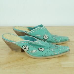 Vintage 7.5 Western Mules Y2K Cowgirl Glam Blue Leather BCBG Slides Floral